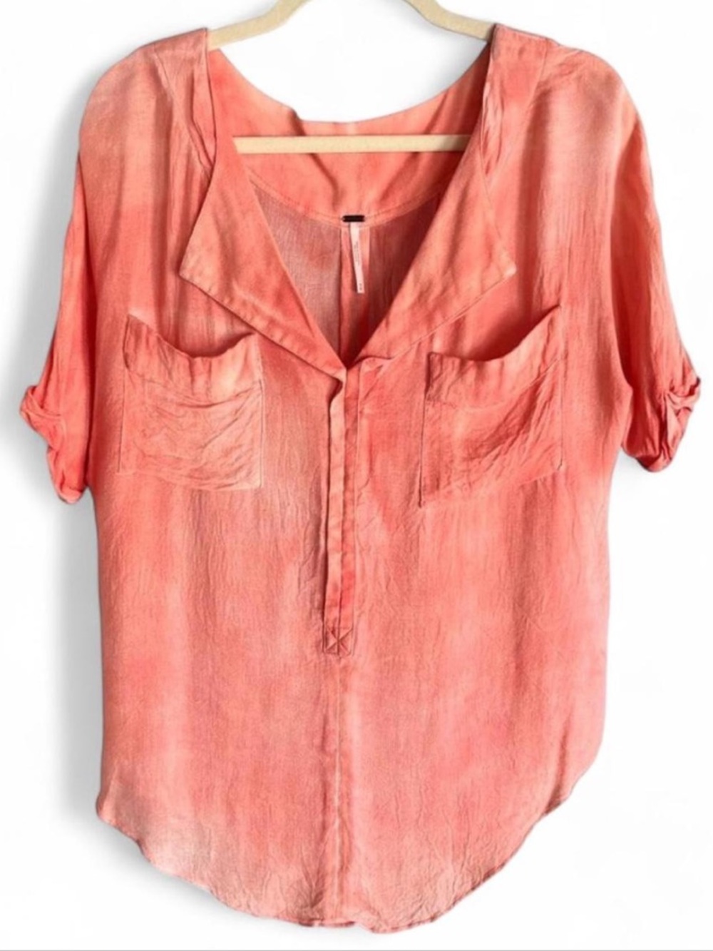 Free People Crinkle Pocket Coral V-neck Blouse Sz M